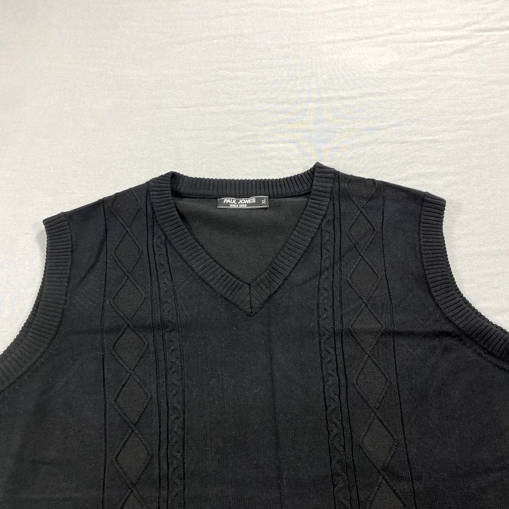 Paul Jones Sweater Vest Mens XL Black V-Neck‎ Knit Grandpa Golf Casual Adult